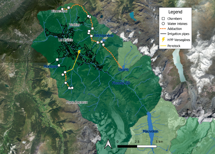 A map outline of Val de Bagnes represents subcatchments of the valley with chambers, water intakes, adduction free surface ducts, irrigation pipes, the H P P Versegeres future power plant and its penstock, and a reservoir on the right bank.