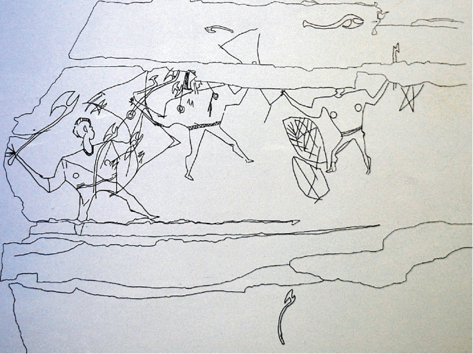 A sketch of a prehistoric era. Three men armed with axes and shields are in the middle of a war. Several other weapons such as shields and axes are scattered on the land.