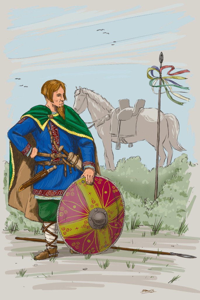 A painting of a Longobard warrior. The warrior stands in his attire fully equipped with a shield, sword, spear, and knife. A horse stands in the background.