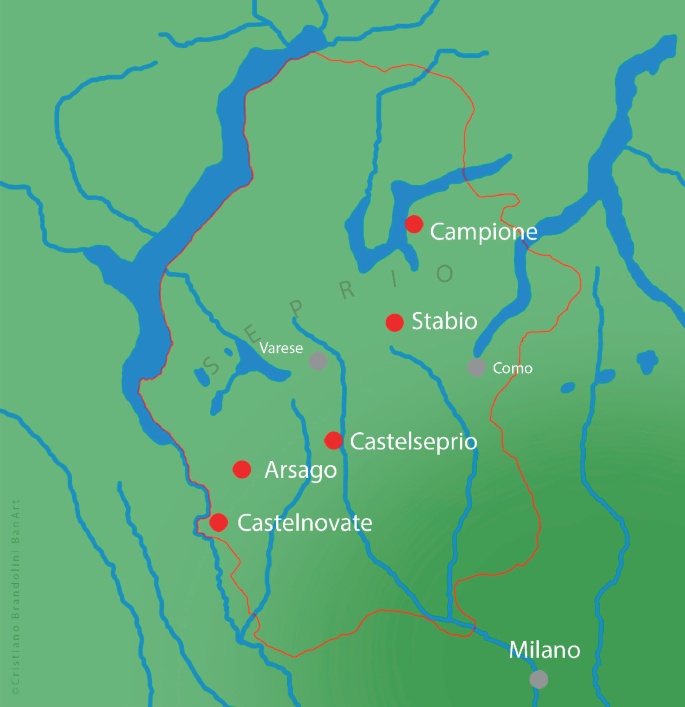 A map of Seprio territory plots the following places from top to bottom. Campione, Stabio, Como, Castelseprio, Arsago, Castelnovate, and Milano.