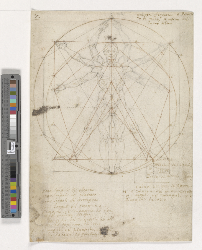 An old page and a scale. The page has a sketch of 3 overlapping figures of a man inside a circle. Three pairs of arms and two legs are stretched at different angles. Several geometrical shapes are drawn over the figure. Two paragraphs are written at the bottom.