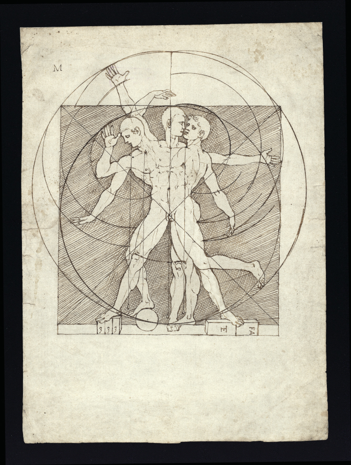 An old page with a figure of a man with arms stretched out horizontally. A grid is formed on the background with diamond shapes enclose his face and palms. Inclined lines are drawn from the head to the arms. The figure of LIBER, TERTIVS, and XLIX.