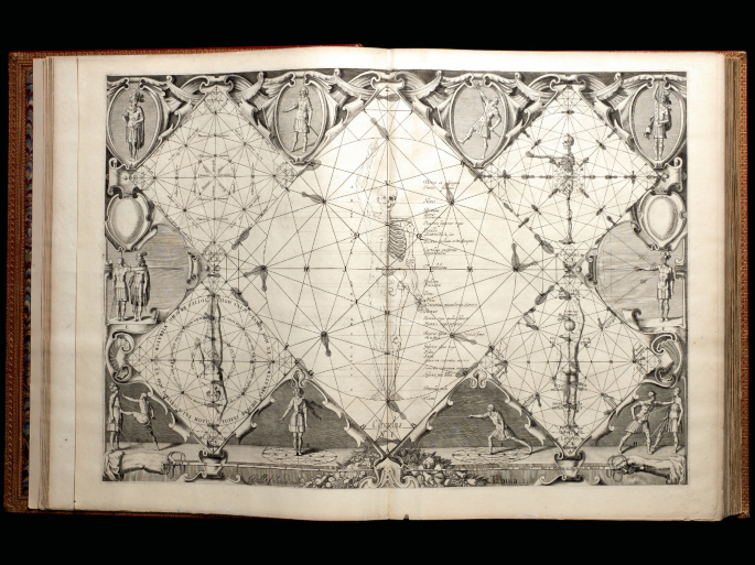A page with a sketch with five kite shapes, two out of them have a skeleton figure inside, the other two have a man's figure from 1628 (1630), Leiden A network of lines is drawn all over them. The sketch has pyramid borders with sketches of warriors in them.