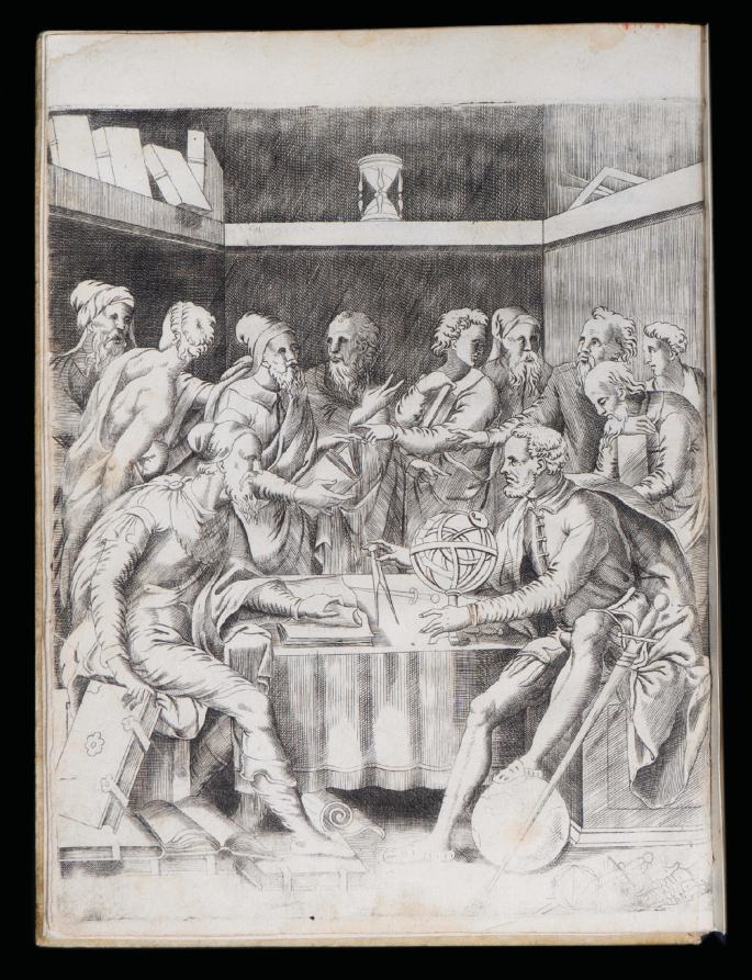 An old page of a book with the sketch of the master and his associates in the middle of a discussion. The master has a compass and a globe in his hands and one of his feet is kept on the wheel attached to a sword called palla.