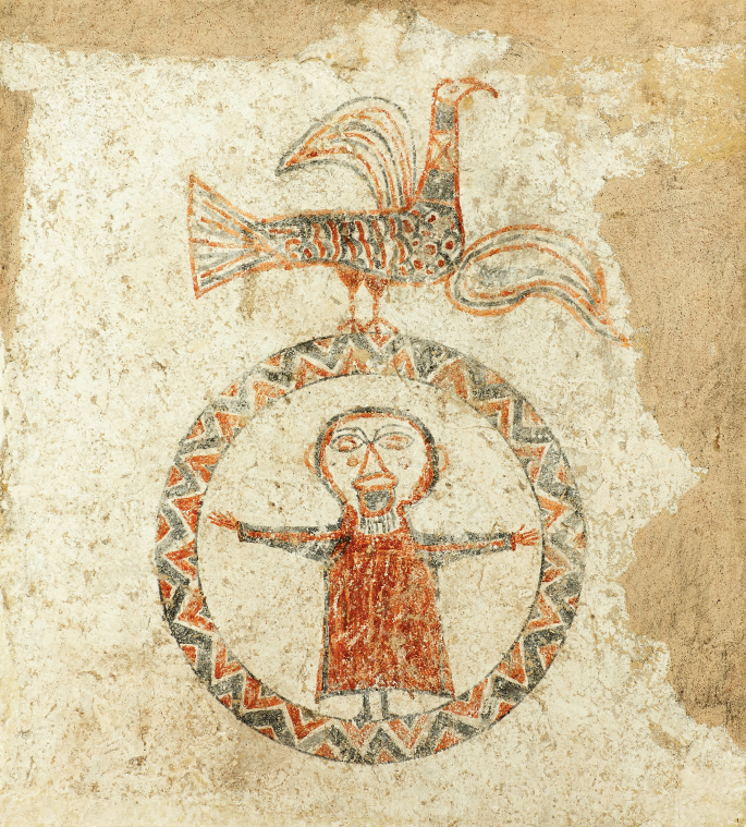 A primitive drawing. A man stands enclosed in a circle. There is a bird on the top of the circle.