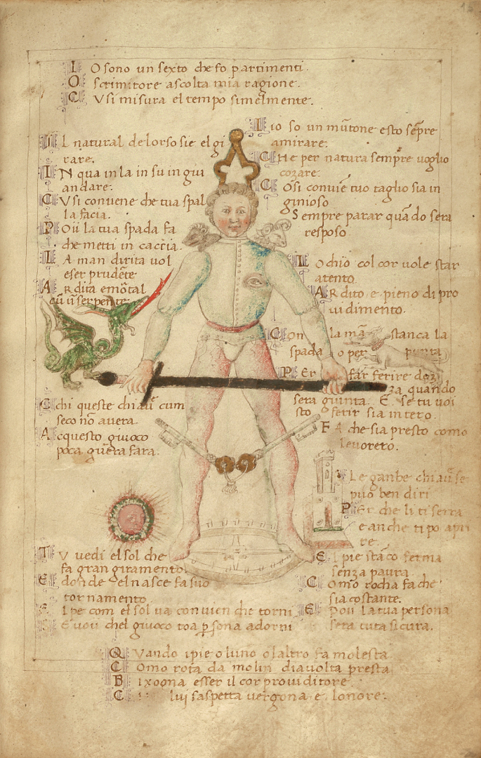 An old page with a sketch of a man standing on a wheel. He has his crown and armor on with a sword in his hands. Two large keys are drawn in front of his legs. Other figures like a sun, a dragon, a dog, and a castle are also drawn around him. Written paragraphs are in a foreign language.