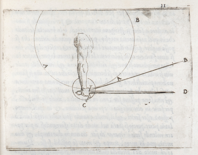 A page of an old book with a sketch on top and a paragraph at the bottom. The sketch has the figure of an arm as big as the radius of the circle it is drawn in. Three more insets of circles are drawn over the arm, enclosing the shoulder, elbow, and wrist, respectively.