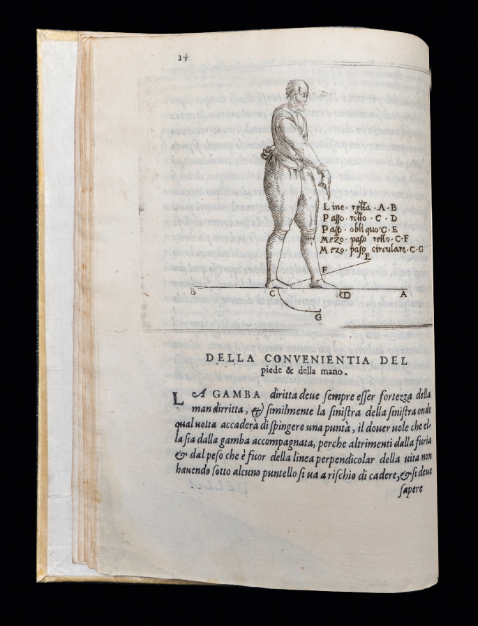 A page of an old book with a sketch on the top and a paragraph at the bottom. The sketch has a man walking on a line labeled B C D A with a curve at the bottom G and an inclined straight line at the top labeled F E. The figure captions and the paragraph are in a foreign language.