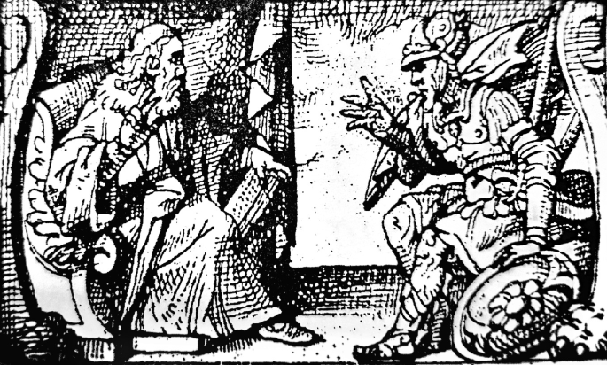 A sketch of two men in the middle of a discussion from, Vienna, Austria. 1551,. The left one is dressed in a robe and the right one is dressed in an armory, has a helmet on, and has a shield in his hand.