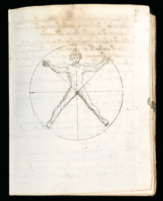 An old page with a sketch before 1585 of a naked man in a circle. The man has his arms and legs stretched out. The circle is sectioned into eight parts.