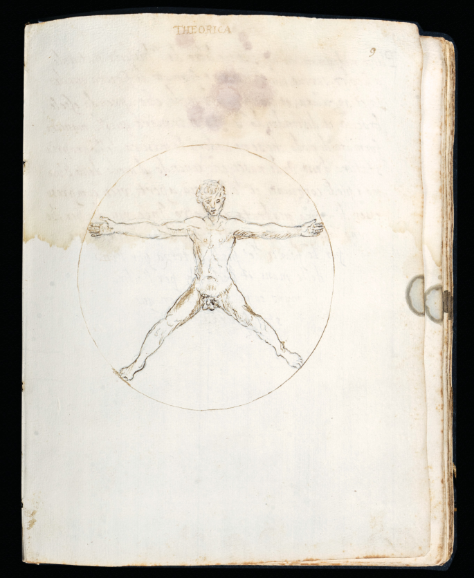 An old page with a sketch of a naked man inside a circle. The man has his arms and legs stretched out.