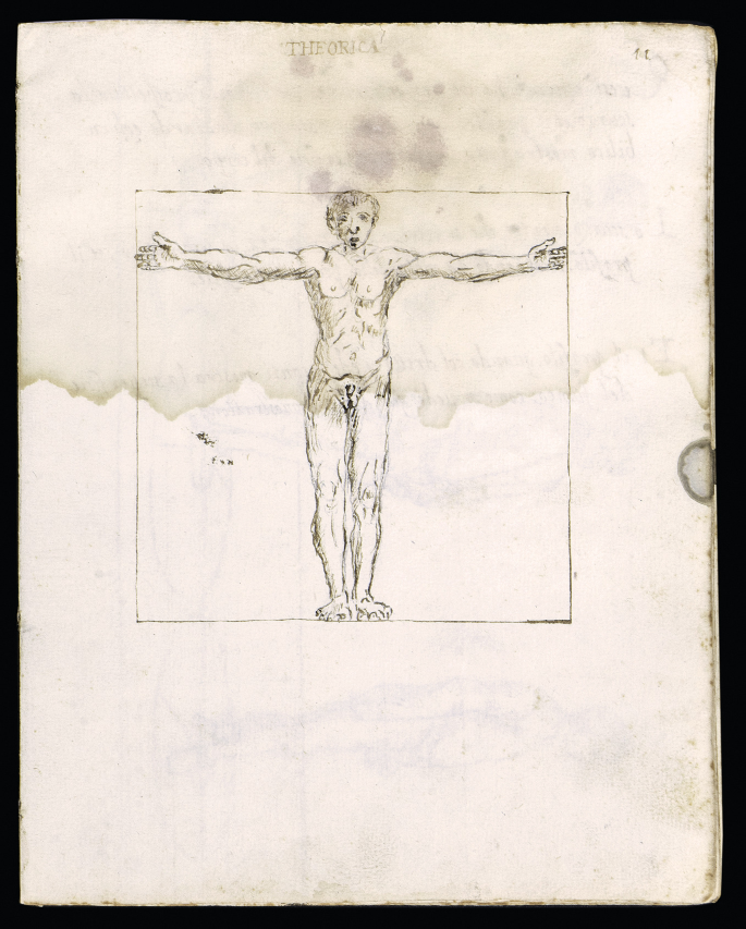 An old page with a sketch of a naked man inside a square. The man stands with his arms stretched out horizontally.