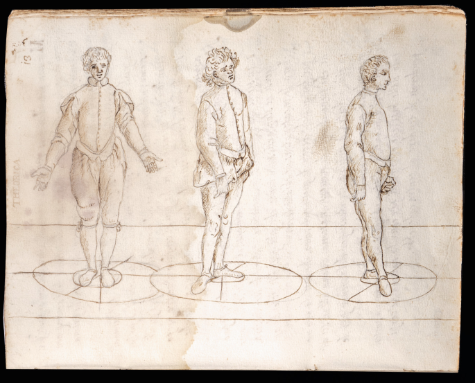 An old page with sketches of three men standing inside a circular path on the floor. The left one has his face and body straight, the middle one has his face and body slightly tilted to his right, and the right one stands completely turned to his right side.