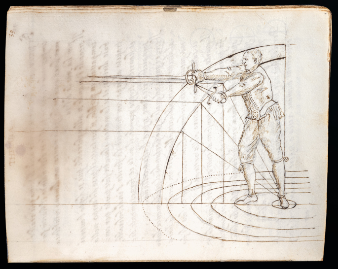 An old page with the sketch of a man dressed in armor and has two swords in his hands. The swords are of two different sizes. The man stands in the middle of a loop of six circles drawn on the floor. A geometrical triangle with several sectionings is drawn behind the man.
