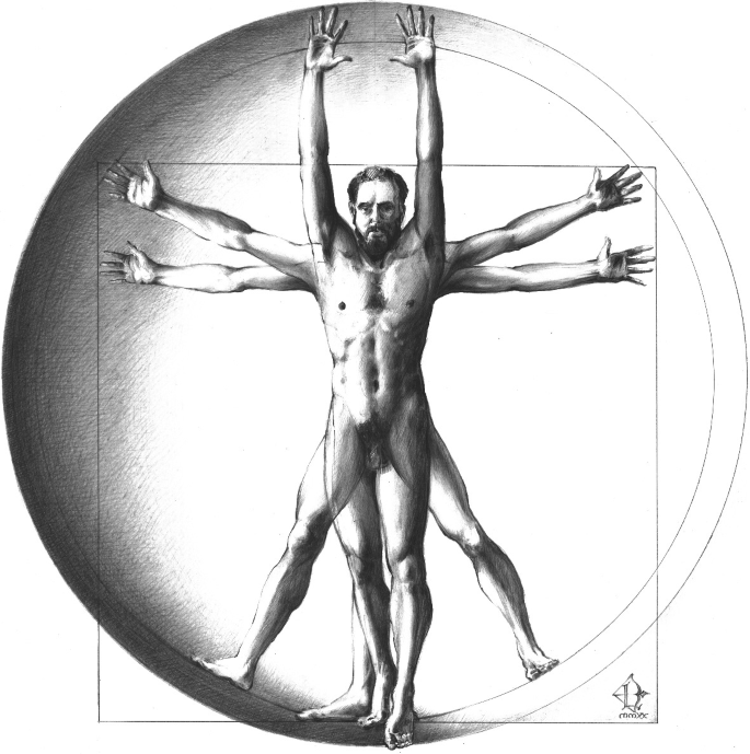 A sketch of three overlapping figures of a man drawn inside a half-shaded circle. The three pairs of arms and legs are stretched out at three different angles. A square is drawn over the figure.
