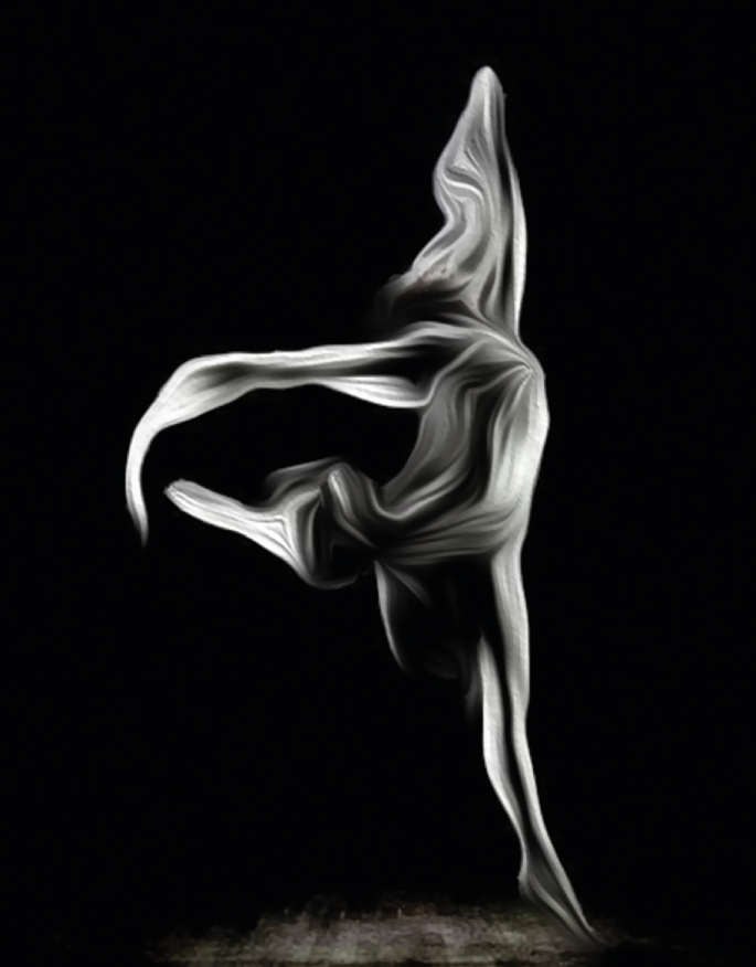 A painting of an abstract figure of a human. The figure represents smoke forming a mirror image elevation performance.
