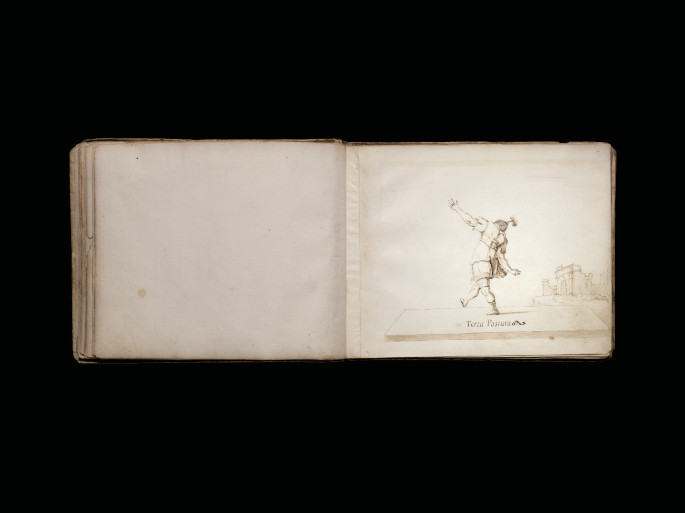 An opened old book. The left page is empty and the right page has a sketch of a soldier in his metal armory and helmet. Legs positioned as if in the middle of a stroll. A gate of a castle is drawn at a distance behind him.
