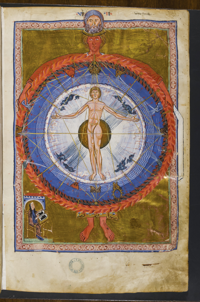 An ancient painting of the thirteenth century. A man stands naked at the center of a circle with his two arms stretched horizontally. Thread-like lines from the heads of different animals form a web structure inside the circle. Another man is seated and writing in a book at the bottom left corner of the painting.