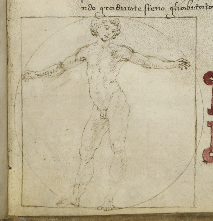 A page of an old book with an ancient sketch of Francesco di Giorgio Martini in which a naked man whose arms are stretched out horizontally stands inside a circle.