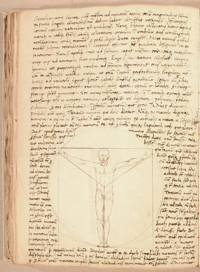 A page of an old book with writings and a sketch at the bottom. The sketch has a figure of a man with arms stretched out horizontally upwards inside a circle. A Y-shaped line is drawn over the man.