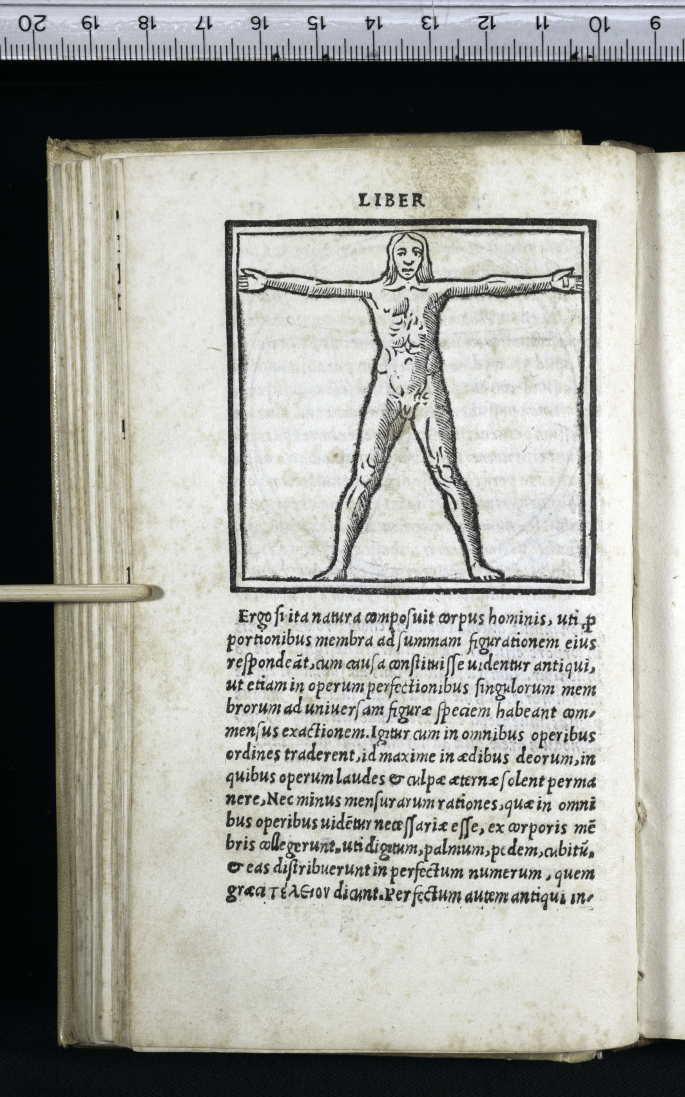 An old page of a book from Firenze 1513 with a figure on the top and writings at the bottom. The figure has a naked man with arms stretched out horizontally in a double-bordered box. A figure of LIBER. A scale is placed at the top of the book.