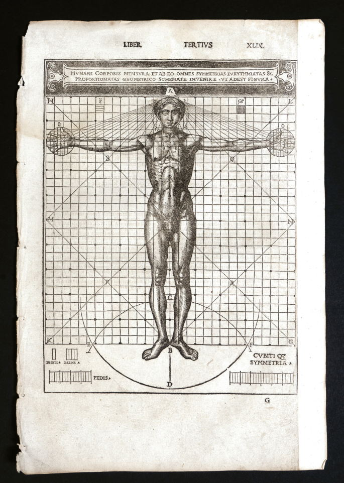 An old page with a figure of a man with arms stretched out horizontally. A grid is formed on the background with diamond shapes drawn on it. Two opposite semi-circles enclose the feet of the man and three circles enclose his face and palms. Inclined lines are drawn from the head to the arms.