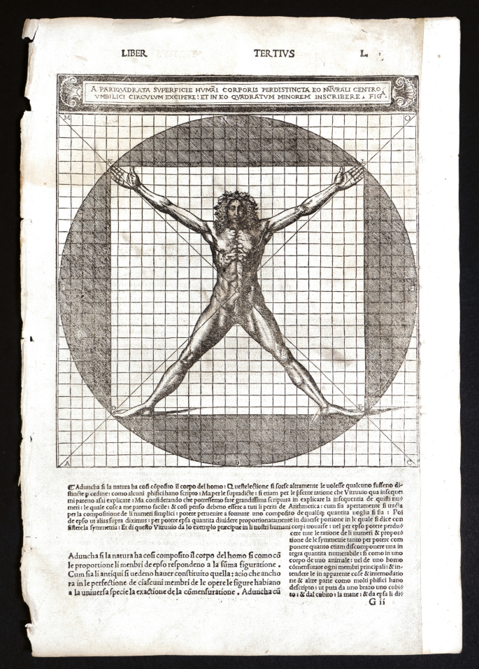 An old page with writings at the bottom in which a naked man with stretched-out arms and legs inside an unshaded square in a circle. A grid is formed in the background and two lines intersect on the man's navel. The figure for LIBER, TERTIVS, and L is on the top.