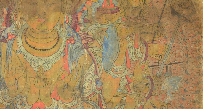 The image depicts the painting of the eleven-headed Guanyin. He has several hands. The hands depict different positions with the front hand in the prayer position. One hand holds a sword with a Bazi guard.