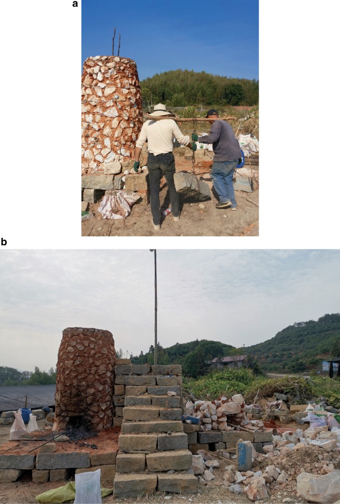 A pair of photographs where in the first, two men carry stone bricks on both sides of the stick on the shoulder, and in the second, steps built by limestone for the convenience of ore feeding.