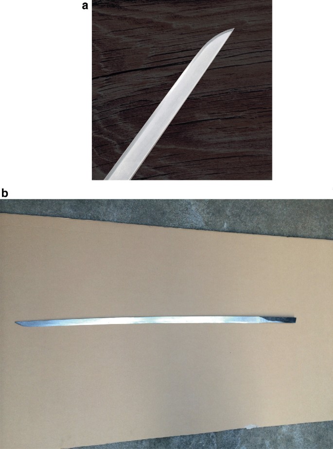 A pair of photographs that represent a finely polished blade in a close-up and normal shot. There are a few indications present on the blade.