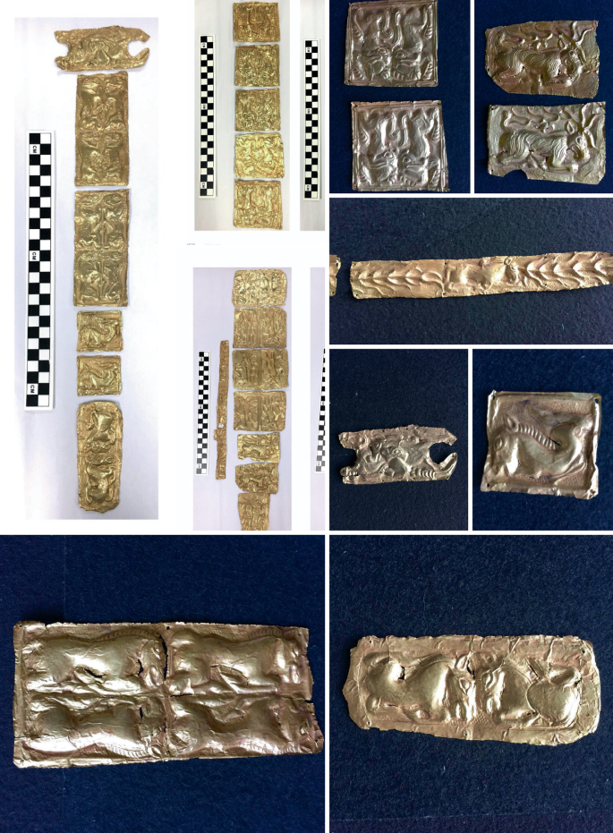 A photograph of the collections of golden sheets and frames indicate the tomb owner was an elite warrior of Xiongnu origin. They are iron and bronze swords.