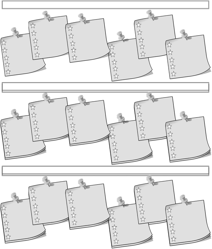 An illustration of 3 rows of 6 blank pinned notes for self-directed brainwriting.