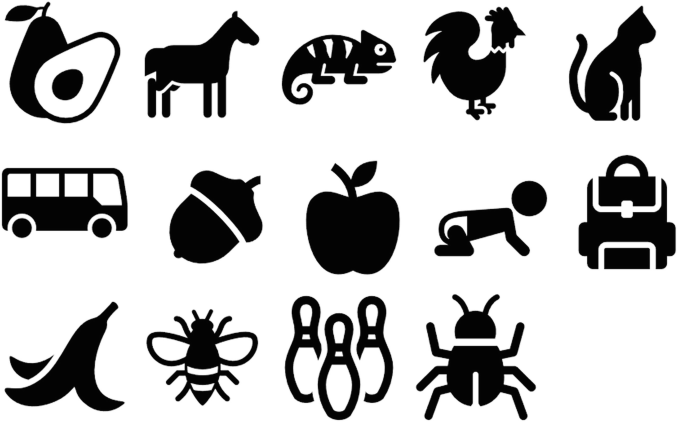 Fourteen simple illustrations of an avocado, a horse, a chameleon, a rooster, a cat, a bus, an acorn, an apple, an infant, a backpack, a banana, a bee, 3 bowling pins, and a bug.