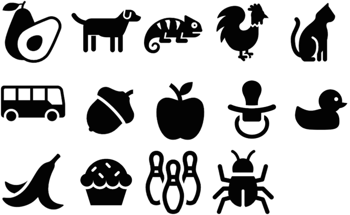 Fourteen simple illustrations of an avocado, a horse, a chameleon, a rooster, a cat, a bus, an acorn, an apple, an infant, a backpack, a banana, a muffin, 3 bowling pins, and a bug.
