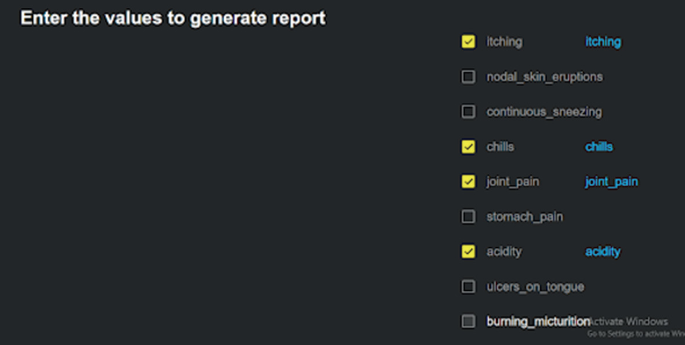 An image of the desktop shows various checklists for symptoms mentioned on the right of the screen, the symptoms ticked are itching, chills, joint pain, and acidity. The title on the screen is 'Enter the values to generate report'.