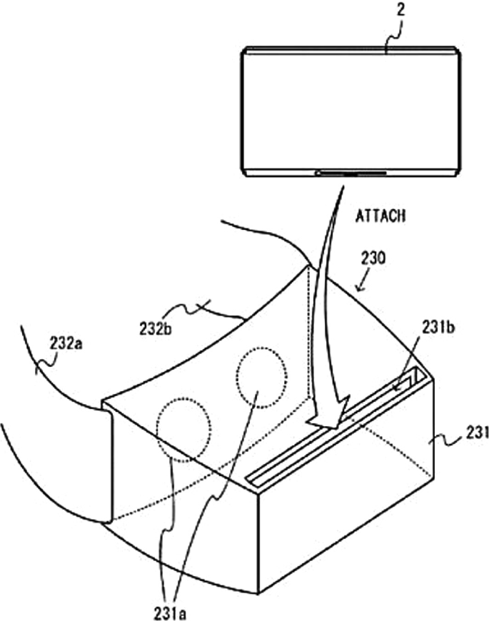 A schematic of parts of a cardboard viewer in a virtual reality lens. A rectangular plastic lens labeled 2 points to a slot inside the virtual reality box with an arrow. The circular structures on the box are labeled 231a. The slot is labeled 231b. The bands which attach to the head are labeled 232 a and b.