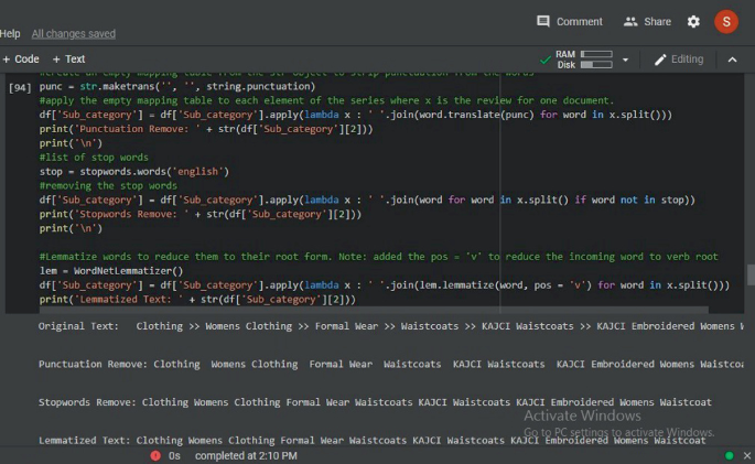 The web page shows code for various text such as for original text, punctuation remove, stop words remove and lemmatized text.