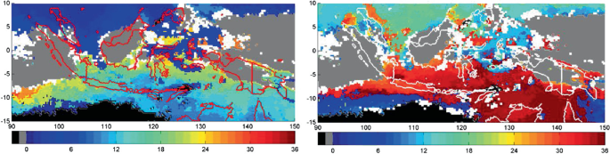 Two color-coded bars representing the advancement of monsoon onset are given under two color-coded maps that represent the dry season and wet season respectively. The bars range from 0 to 36 in increments of 6 at the bottom and 90 to 150 in increments of 10 at the top.