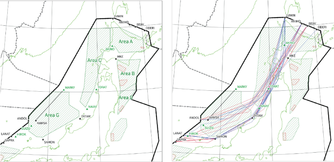 Two reference maps of the free route airspace proposal for routes between Incheon F I R and Khabarovsk F I R. The Fukuoka F I R radar area illustrates the entire borders of the landmass. Training airspace occupies the majority of the landmass with labels Area A to G with restricted airspaces on Area on Area B and D.