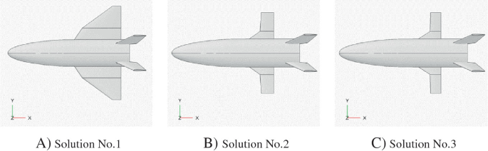 A set of three illustrated aircraft with different types of delta wing configurations for flight trajectory. Solution Number 1, Solution Number 2, and Solution Number 3, or A, B, and C, are used as labels for the respective illustrations.