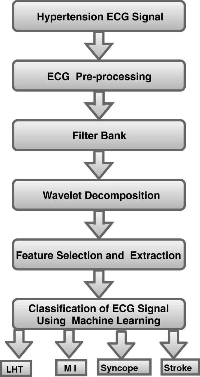 A flowchart of the design of the developed algorithm. The steps are as follows. Hypertension E C G signal, E C G pre-processing, filter bank, wavelet decomposition, feature section and extraction, and classification of E C G signal using machine learning results in 4 outcomes that are L H T, M I, syncope, and stroke.