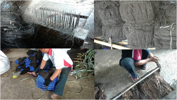 A photo of the cement platform in the first image has iron rods with palm fibers in their middle. In the second image, palm fibers are in a rope bundle. In the third image, a person stacks palm fibers as a bundle. In the fourth image, a person makes fiber rope from palm wood.