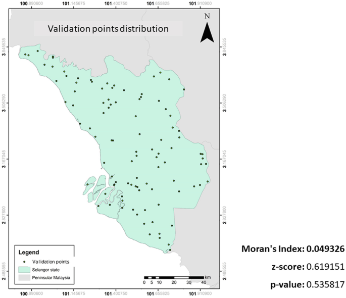 The map for validation points distribution in the area of Selangor state that is bordered by peninsular Malaysia.