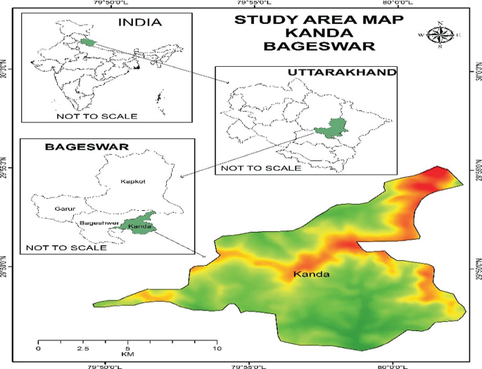 A thematic map of Kanda Tehsil, amplified from Bageswar. Smaller not to scale maps of Uttarakhand and political map of India are also shown alongside.