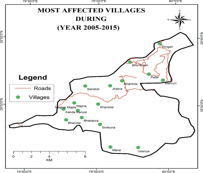 A location map marks the villages which are most affected in Kanda Tehsil due to different disasters, during the year 2005 to 2015. Roads and villages are marked in the map. The scale used is in kilometers.