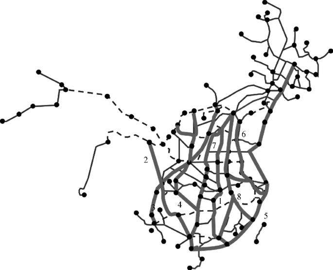 A line map depicts the Chinese H S R network topological graph, in which a few places are connected by solid lines, a few places are connected by dashed lines, and most places are connected by thick solid vertical lines.