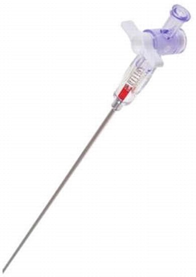 A photo of a Veress needle used in tuberculosis treatment. The needle is beveled and has an outer cannula. The length of the needle ranges from 7 to 15 centimeter and diameter of 2 millimeter. The needle has spring loaded inner stylist attached to it.