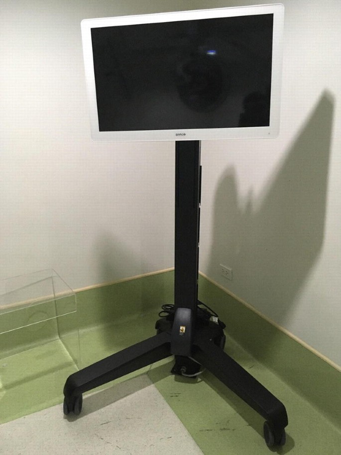 An illustration of an LCD monitor mounted to a rectangular body and a mobile stand.