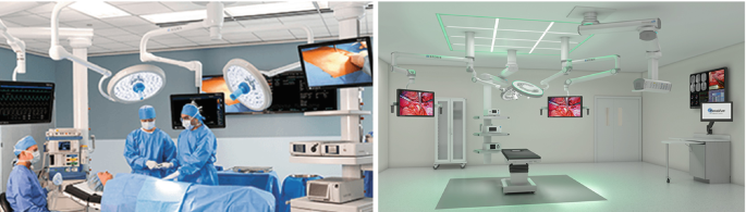 An operating room with three medical professionals is displayed in Image A. Multiple monitors and two large, round surgical lamps with moveable arms are present. Between them is a surgical table. A barren operation room is depicted in Image B. There is an operating table, a large operating room light, many monitors, and other tools.