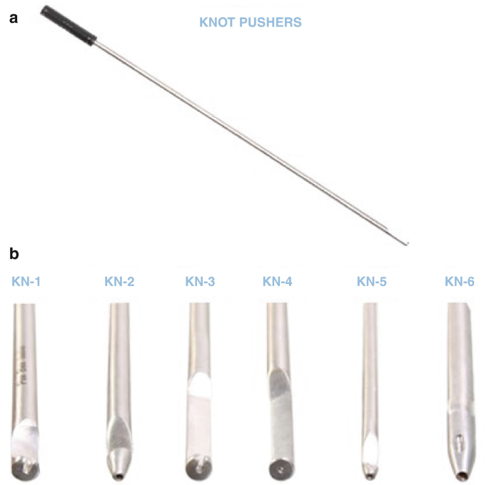 Two sets of medical instrument images. Image A is a long, needle-like instrument with a slightly thicker base than the rest of its body. Image B shows various tip sizes labeled from left to right, K N 1, K N 2, K N 3, K N 4, K N 5, and K N 6.